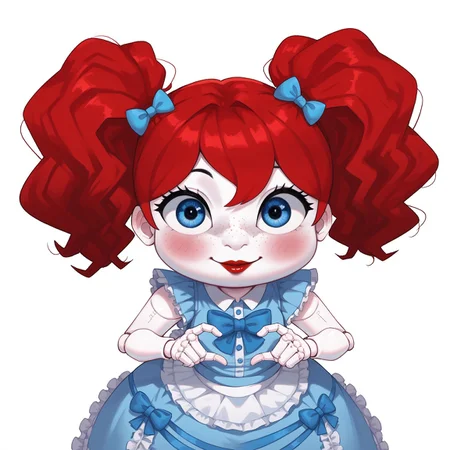 score_9, score_8_up, score_7_up, score_6_up,  2d, source_anime, 1girl, poppy (poppy playtime), short twintails, drill hair, red hair, freckles, frills, rosy cheeks, blue ribbons holding hair, hair ornaments, petite, big head, doll body, wide wips, curvy, pale skin, doll joints, red lipstick, blue eyes, blue dress, long skirt, ruffled dress, striped thighhighs, thighhigh, doll girl, upper body, heart with hands, bow to viewer, looking at viewer, smile, shy, blush, white background