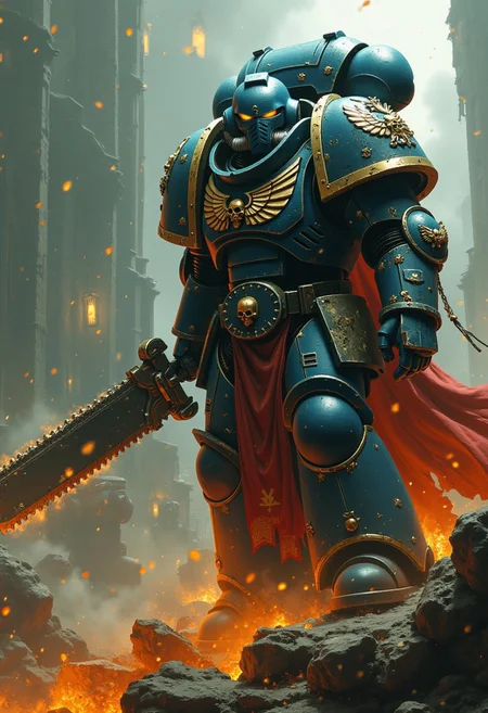Warhammer 40k space marine wielding a chainsaw sword
