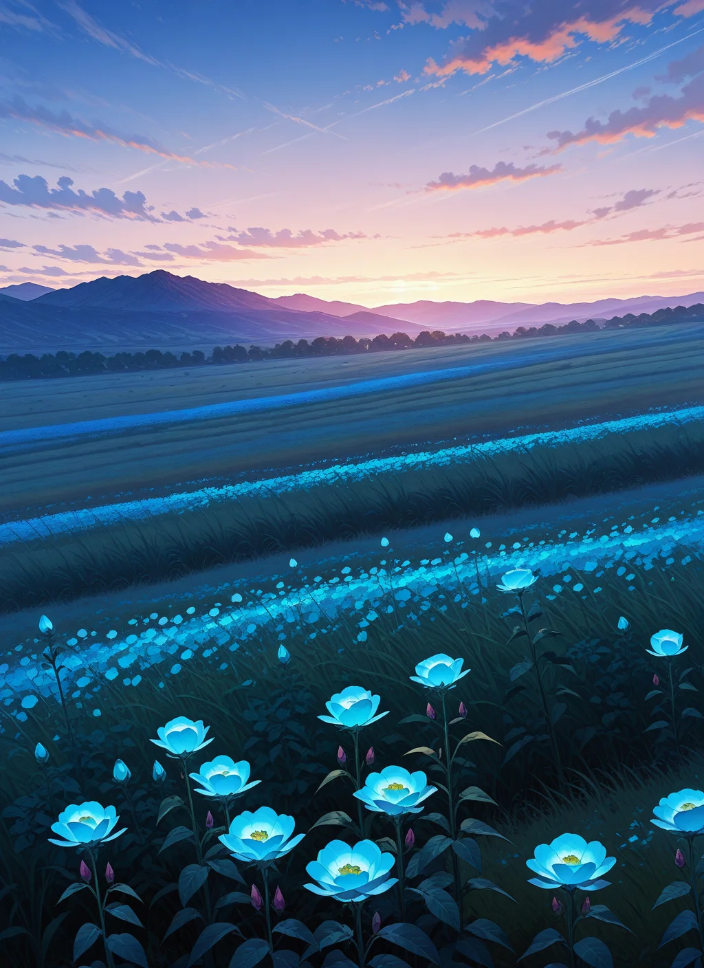 artist:, masterpiece, best quality, newest, very awa, absurdres, highres, scnr, evening, field, aqua flowers, clouds, wind, hills, detailed, <lora:SDXL\Illustrous\Concept\Scenery_Enchancer-Illu-scnr:1.0>
