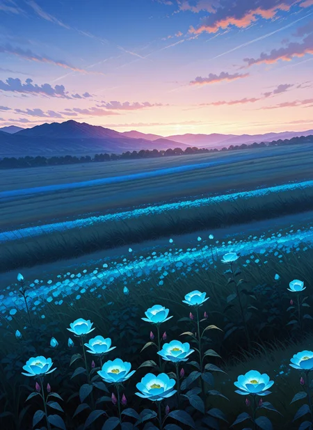 artist:, masterpiece, best quality, newest, very awa, absurdres, highres, scnr, evening, field, aqua flowers, clouds, wind, hills, detailed, <lora:SDXL\Illustrous\Concept\Scenery_Enchancer-Illu-scnr:1.0>