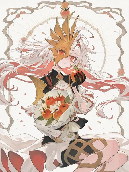 solo,female focus,,,1girl,apple,closed mouth,holding bouquet,holding flower,holding fruit,looking at viewer,milutio,simple background,sitting,slit pupils,smile,solo,white background,milutio,<lora:yitiaocudai:1>,<lora:milutio-000016:1>, masterpiece, best quality, very aesthetic, absurdres