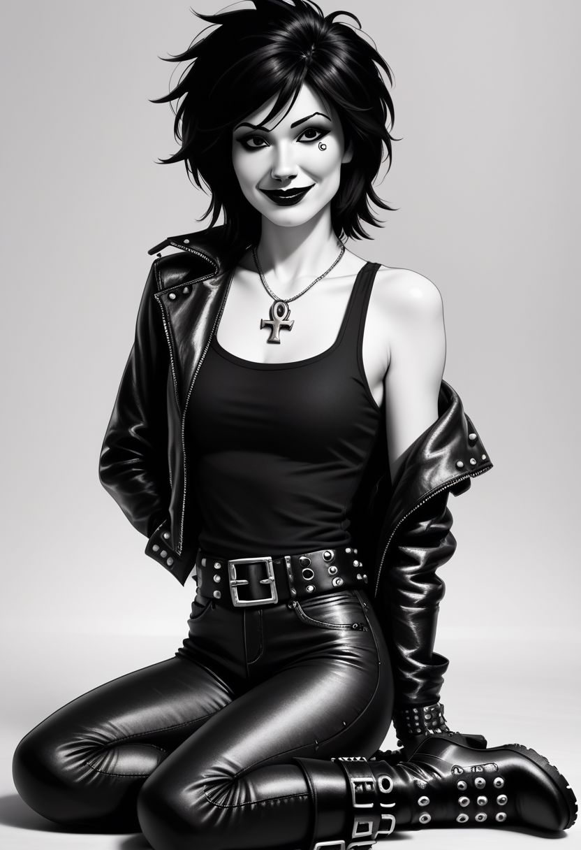dsk_death, 1girl,  solo, jewelry, gloves, , boots, sitting, makeup, short hair, smile, lipstick, black hair, gothic, jewelry, necklace, ankh necklace, nail polish, can, leather jacket, black tank top, tattoo, gloves, pants,  arm behind back, lipstick, belt, spiked hair, black boots, detailed eyes, detailed face, greyscale, monochrome, BREAK zPDXL2 PonyXLV6_Scores
