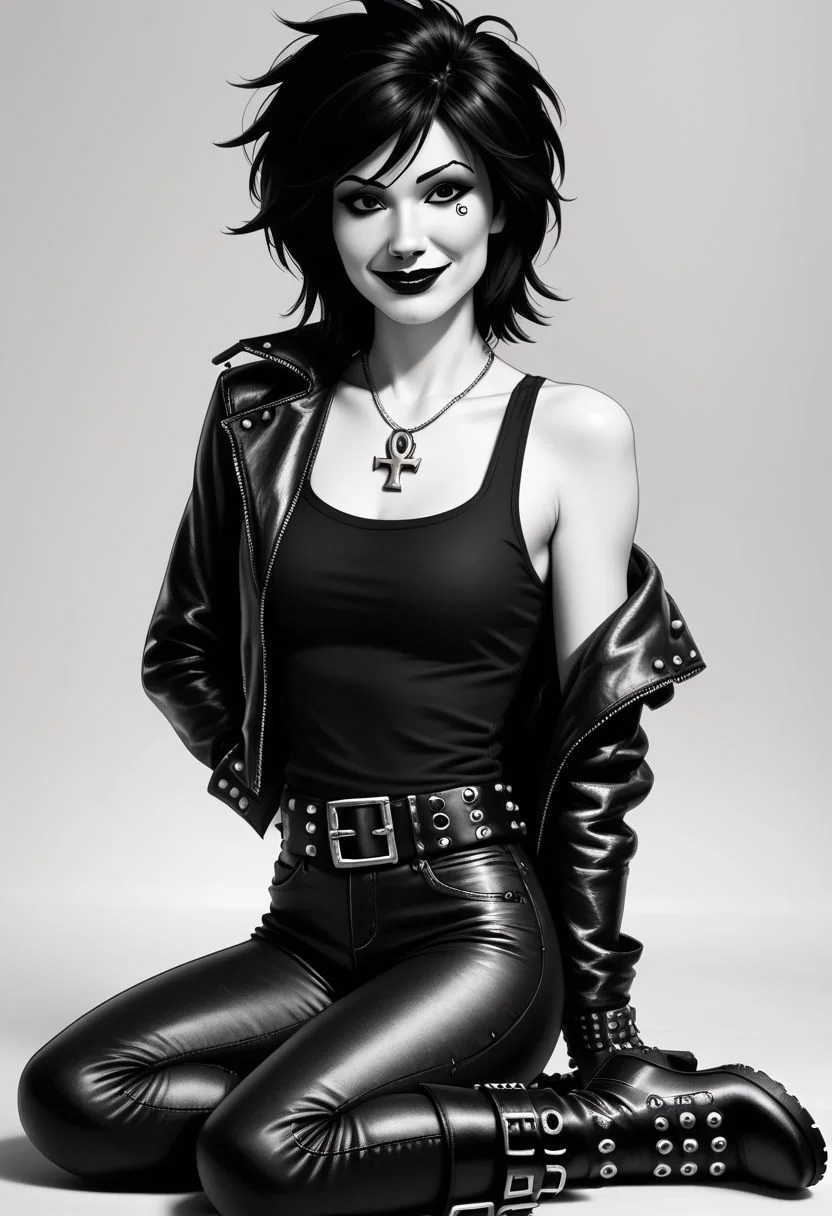 dsk_death, 1girl, solo, jewelry, gloves, , boots, sitting, makeup, short hair, smile, lipstick, black hair, gothic, jewelry, necklace, ankh necklace, nail polish, can, leather jacket, black tank top, tattoo, gloves, pants, arm behind back, lipstick, belt, spiked hair, black boots, detailed eyes, detailed face, greyscale, monochrome, BREAK zPDXL2 PonyXLV6_Scores