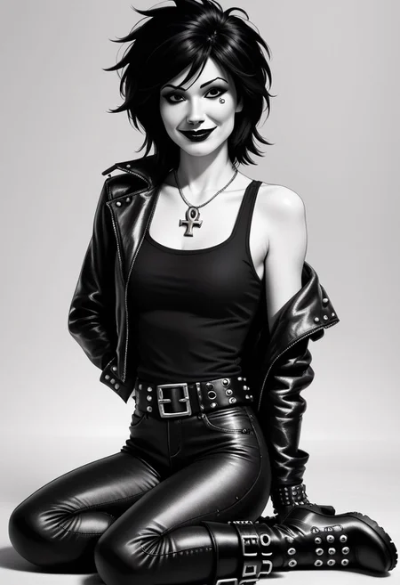 dsk_death, 1girl, solo, jewelry, gloves, , boots, sitting, makeup, short hair, smile, lipstick, black hair, gothic, jewelry, necklace, ankh necklace, nail polish, can, leather jacket, black tank top, tattoo, gloves, pants, arm behind back, lipstick, belt, spiked hair, black boots, detailed eyes, detailed face, greyscale, monochrome, BREAK zPDXL2 PonyXLV6_Scores