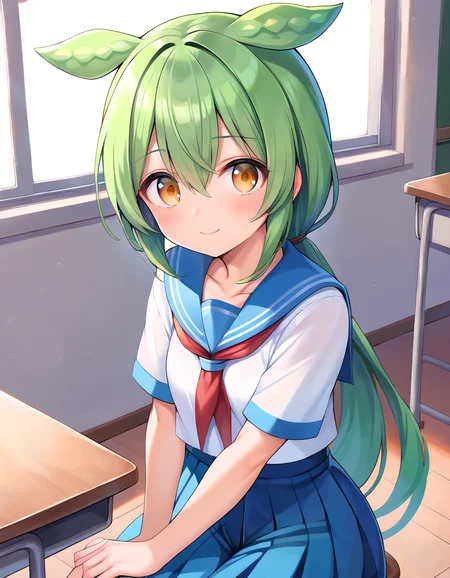 score_9, score_8_up, score_7_up, score_6_up, score_5_up, score_4_up, source_anime, rating:general,
<lora:zundamon_ponyXL:1>
1girl, solo, zundamon, green hair, long hair, yellow eyes, hair between eyes, school uniform, serafuku, classroom, small breasts, smile, :d, looking at viewer,
