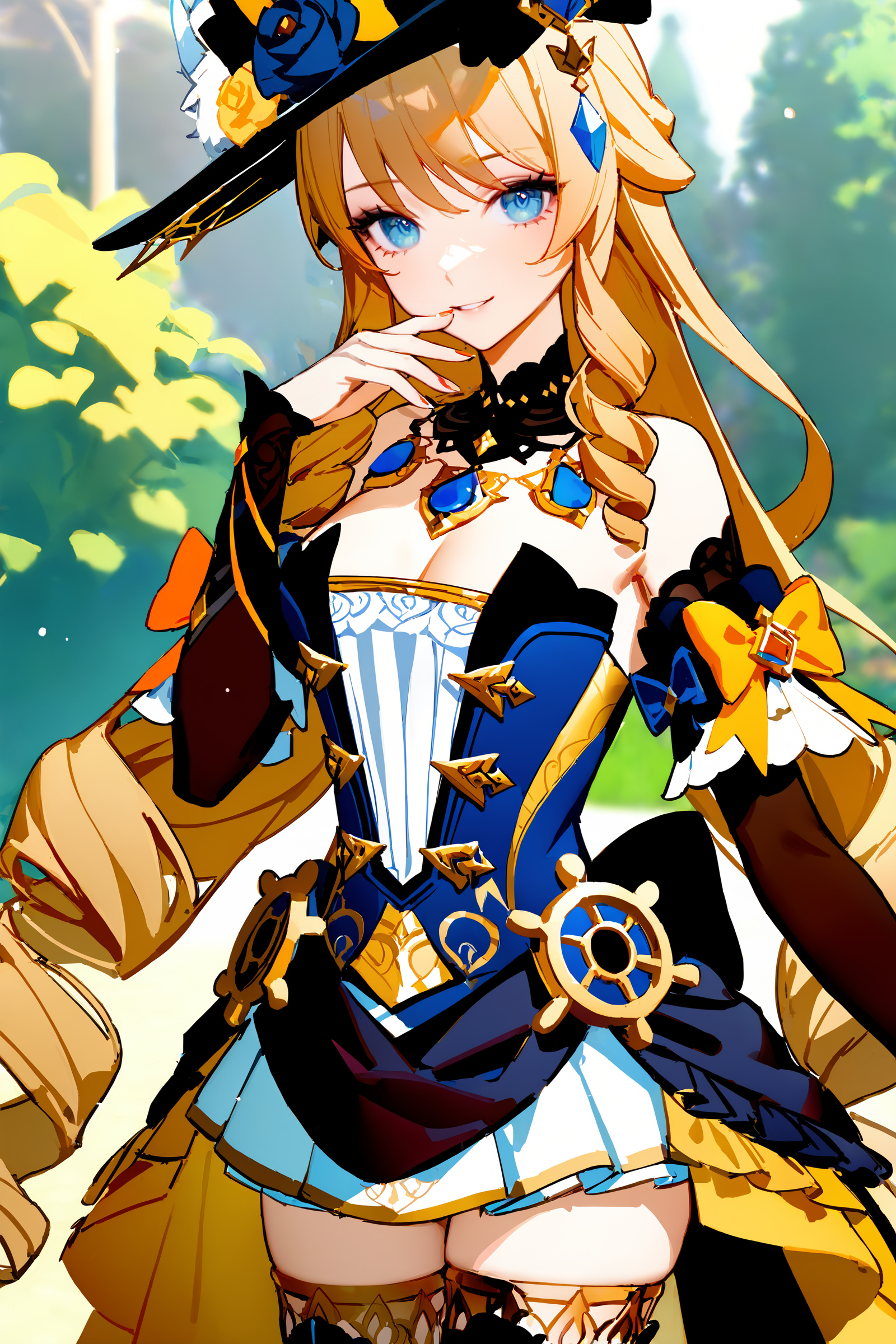 masterpiece, best quality, very aesthetic, ray tracing, newest, (hitenkei, askzy:0.4), 1girl, navia \(genshin impact\), solo, fancy hat, thigh boots, detached sleeves, single glove, strapless dress, detached collar, showgirl skirt, necklace, waist cape, cowboy shot, standing, hand to own mouth, looking at viewer, smiling, garden, outdoors, depth of field, table, macaron, cake  <lora:quality1:0:hr=1>,  <lora:Char-Genshin-Navia-XL-V1:0.8>