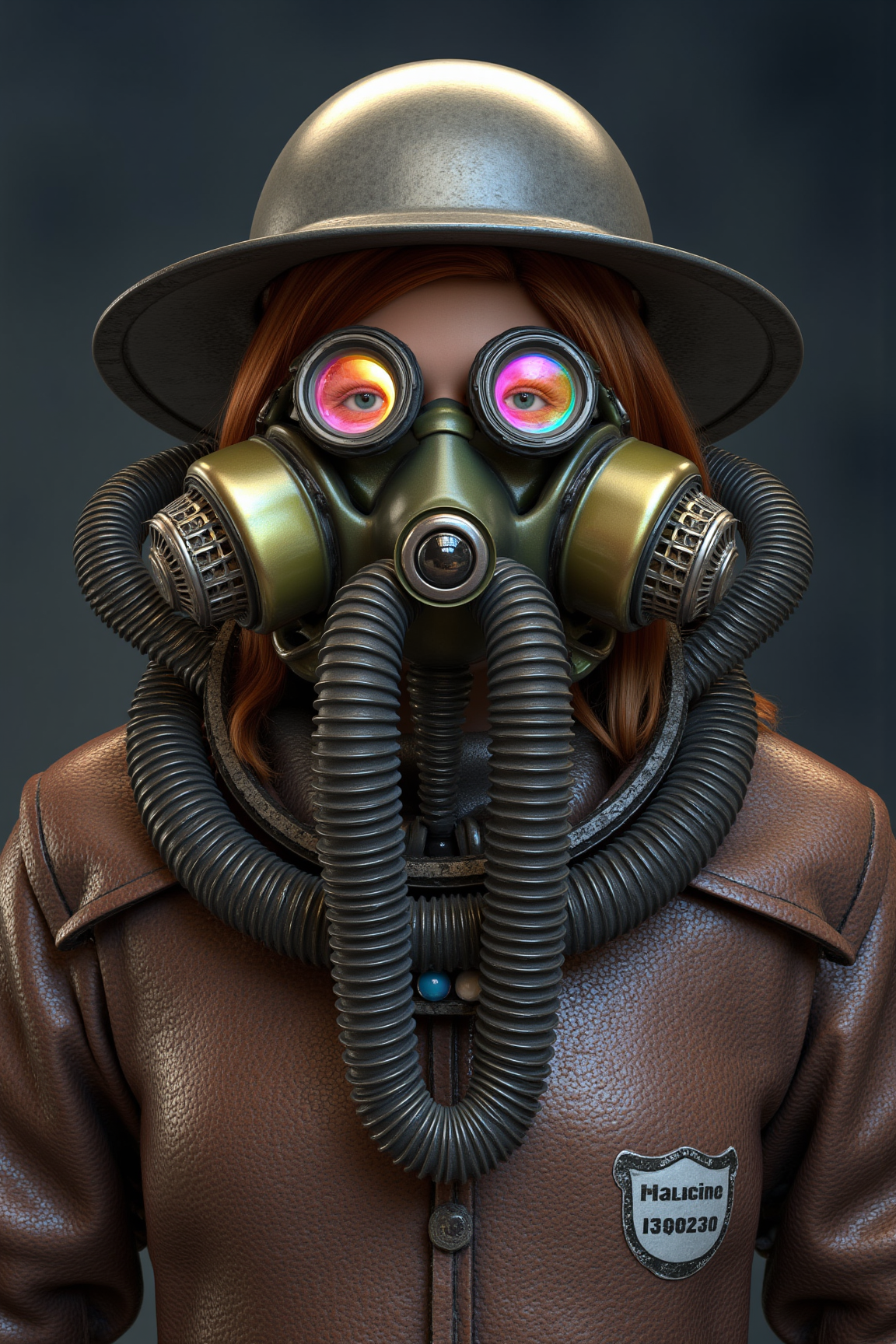 A 3D Rendered abstract of, Red haired:1.3 pale Ukrainian supermodel Analuk, Sofonisba Anguissola Style, large dust filters, pearlescent green industrial-hazard mask, with intricate lattice of pearlescent brass tubing. A steel hard hat, HAZMAT suit overalls ((made of l1qu1dp34rl, metal, pearlescent rainbow goggles)) with long corrugated metal hoses and large patches. Cyrillic warning labels, Coal mine blurred background.
