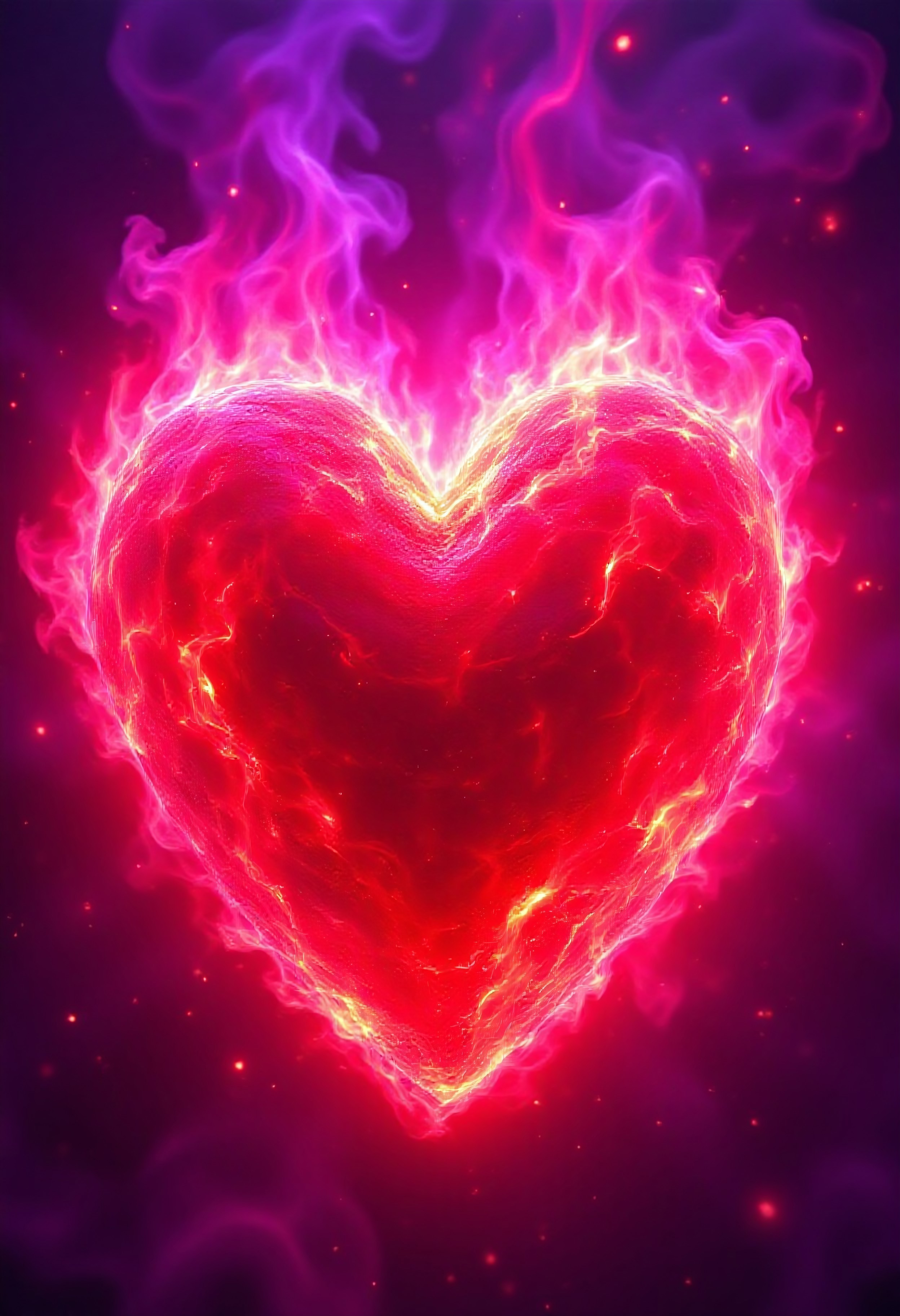 A huge crimson heart, completely engulfed in flames, inferno, blazing, concept art, masterpiece, perfect lighting, purple and pink flames, 8k, absurdres, massive fire - rendered in the highest quality