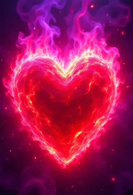 A huge crimson heart, completely engulfed in flames, inferno, blazing, concept art, masterpiece, perfect lighting, purple and pink flames, 8k, absurdres, massive fire - rendered in the highest quality