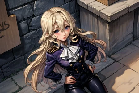 masterpiece, Lily Kokoschka , best quality, best quality, ultra-detailed, highres,sharp focus,(ultra detailed,extremely detailed), 1girl,(masterpiece, best quality), LilyKOKOSCHKA, 1girl, solo, long hair, small breasts, blonde hair, hair between eyes, uniform, ascot, wavy hair, eyes visible through hair, white ascot, riding pants, hungry clicker, Hands on Hips, From above, sitting, brutal smile