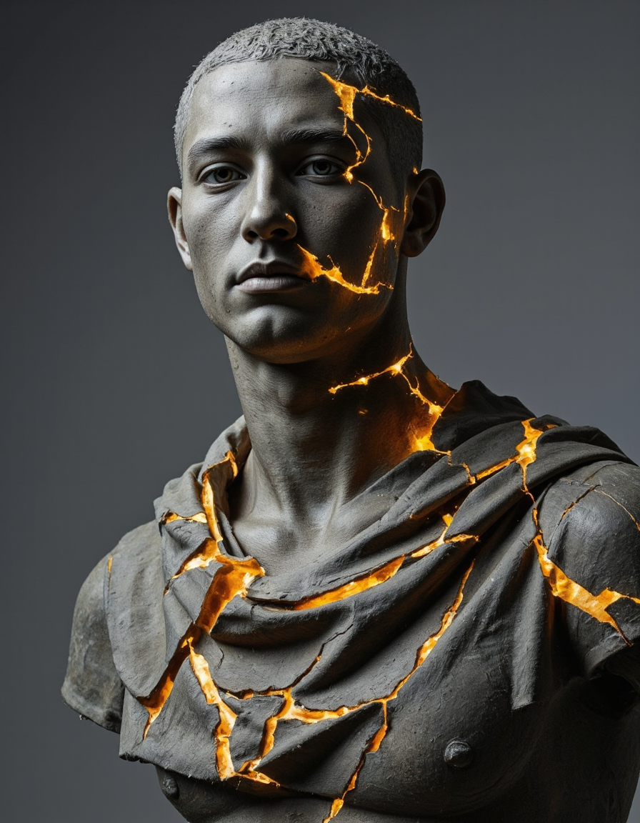 This striking digital artwork depicts a classical-style sculpture being transformed by an internal golden light that cracks and fractures its surface. The piece masterfully combines the dignified pose and detailed drapery of traditional sculpture with contemporary digital effects, creating a powerful metaphor for transformation or awakening. The contrast between the cool, white exterior and the warm, golden light breaking through creates a dramatic visual effect, while the upward-gazing pose adds a sense of transcendence to the overall composition.
