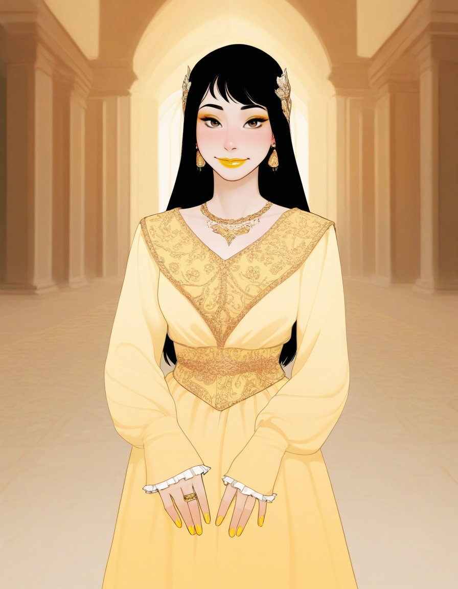 (masterpiece, best quality, ultra-detailed, absurdres, newest, detailed textures, correct anatomy:1), detailed_hands, elegant_fingers, <lora:HaneAme_ILXL:1>, haneame, asian woman, pale skin, makeup, black hair, brown eyes, long hair, streetwear, oversized clothes, sleeves past wrists, contemporary, smile, nail polish, lips, eyeshadow, yellow nails, yellow lipstick, yelow eyeliner, yellow theme, medieval setting, elegant yellow  dress, frills, royal, noblewoman, necklace, earrings, rings, jewelry, hair ornament,  in an elegant palace, film, grain, bokeh, <lora:Inusen_Illustrious:0.25>, inusen, <lora:INCASE-IL:0.25>, incase style, <lora:ratatatat74:0.25>, r4t4_illu, <lora:demimond23-guy90-Illust-Lycorisv1:0.25>, dnomed