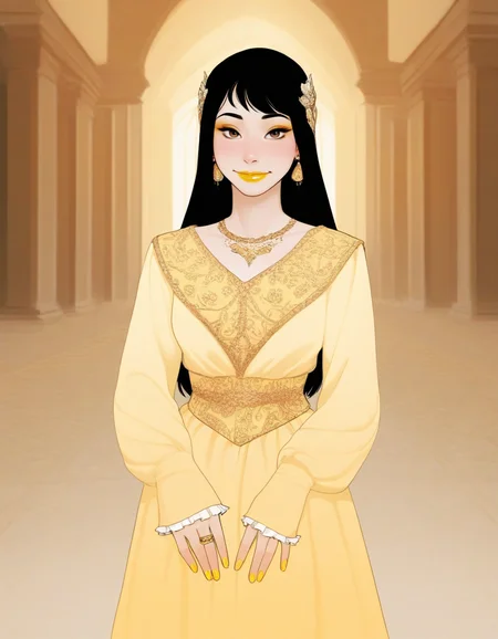 (masterpiece, best quality, ultra-detailed, absurdres, newest, detailed textures, correct anatomy:1), detailed_hands, elegant_fingers, <lora:HaneAme_ILXL:1>, haneame, asian woman, pale skin, makeup, black hair, brown eyes, long hair, streetwear, oversized clothes, sleeves past wrists, contemporary, smile, nail polish, lips, eyeshadow, yellow nails, yellow lipstick, yelow eyeliner, yellow theme, medieval setting, elegant yellow dress, frills, royal, noblewoman, necklace, earrings, rings, jewelry, hair ornament, in an elegant palace, film, grain, bokeh, <lora:Inusen_Illustrious:0.25>, inusen, <lora:INCASE-IL:0.25>, incase style, <lora:ratatatat74:0.25>, r4t4_illu, <lora:demimond23-guy90-Illust-Lycorisv1:0.25>, dnomed