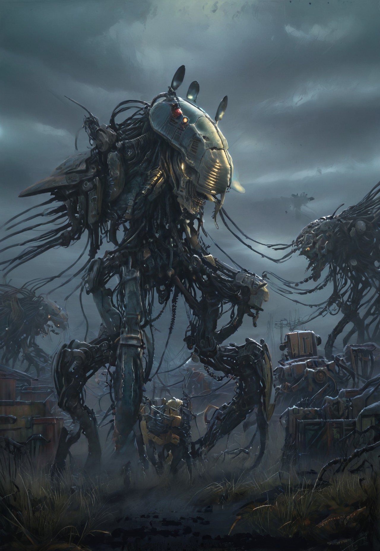 (((warhammer necron))), by Peter gric, H.R Giger, Chris Cold, by Florent Desailly, muscular with exoskeleton lots of thick cables, cables everywhere, (((the electric state book by Simon Stalenhag))), (warhammer necron), by Peter gric, H.R Giger, Chris Cold, by Florent Desailly, robotic skeletal warriors, necrons, ndead, alien race, Warhammer 40,000 by Peter gric, H.R Giger, Chris Cold, by Florent Desailly, muscular with exoskeleton lots of thick cables, cables everywhere, husk (, by Peter gric, H.R Giger, Chris Cold, by Florent Desailly, robotic skeletal warriors, giant robot monstrosity, alien race, horror, post apocalyptic