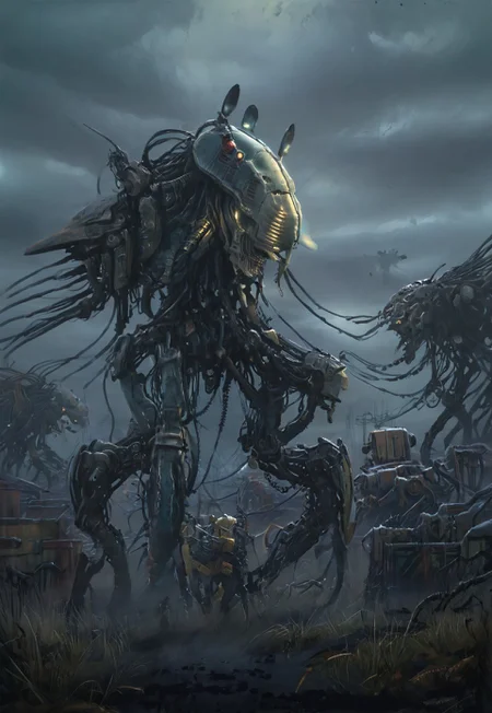 (((warhammer necron))), by Peter gric, H.R Giger, Chris Cold, by Florent Desailly, muscular with exoskeleton lots of thick cables, cables everywhere, (((the electric state book by Simon Stalenhag))), (warhammer necron), by Peter gric, H.R Giger, Chris Cold, by Florent Desailly, robotic skeletal warriors, necrons, ndead, alien race, Warhammer 40,000 by Peter gric, H.R Giger, Chris Cold, by Florent Desailly, muscular with exoskeleton lots of thick cables, cables everywhere, husk (, by Peter gric, H.R Giger, Chris Cold, by Florent Desailly, robotic skeletal warriors, giant robot monstrosity, alien race, horror, post apocalyptic