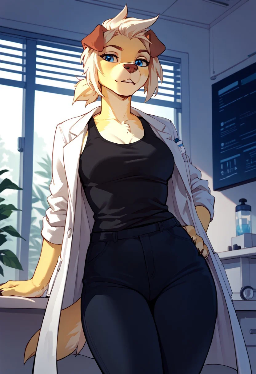 score_9, score_8_up, score_7_up, score_6_up, source_furry,
Frori, dog, canine, female, 1girl, solo, blonde hair, blue eyes, cream-colored fur, yellow fur, tail,
doctor, medical officer, labcoat, lab coat,
black tank top, black pants,