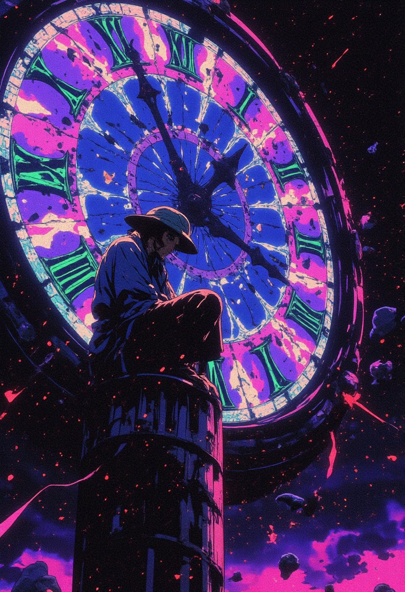 drkfnts style, ne0nfant4sy, wrcrftcnmtc,  Dark fantasy psychedelic landscape with a giant, floating clock suspended in the void of space, its face cracked and glowing with shifting, surreal patterns of deep purples, electric blues, and neon greens. A lone man sits silently on the clock's massive hour hand, his form silhouetted against the kaleidoscopic chaos. His head is tilted downward, a wide, worn hat obscuring his face, exuding mystery and detachment. Dressed in traditional Vietnamese farmer clothes, his presence contrasts sharply with the vibrant, otherworldly backdrop. A curved sword rests at his hip, glinting faintly in the surreal glow. The air is filled with swirling, chaotic light trails, and the shattered remnants of stars float aimlessly, creating a schizophrenic, dreamlike atmosphere of madness and beauty.
dark fantasy<lora:sxz-Dark-Fantasy-v2-Flux:1>,<lora:NeonFantasyFLUX:1>,