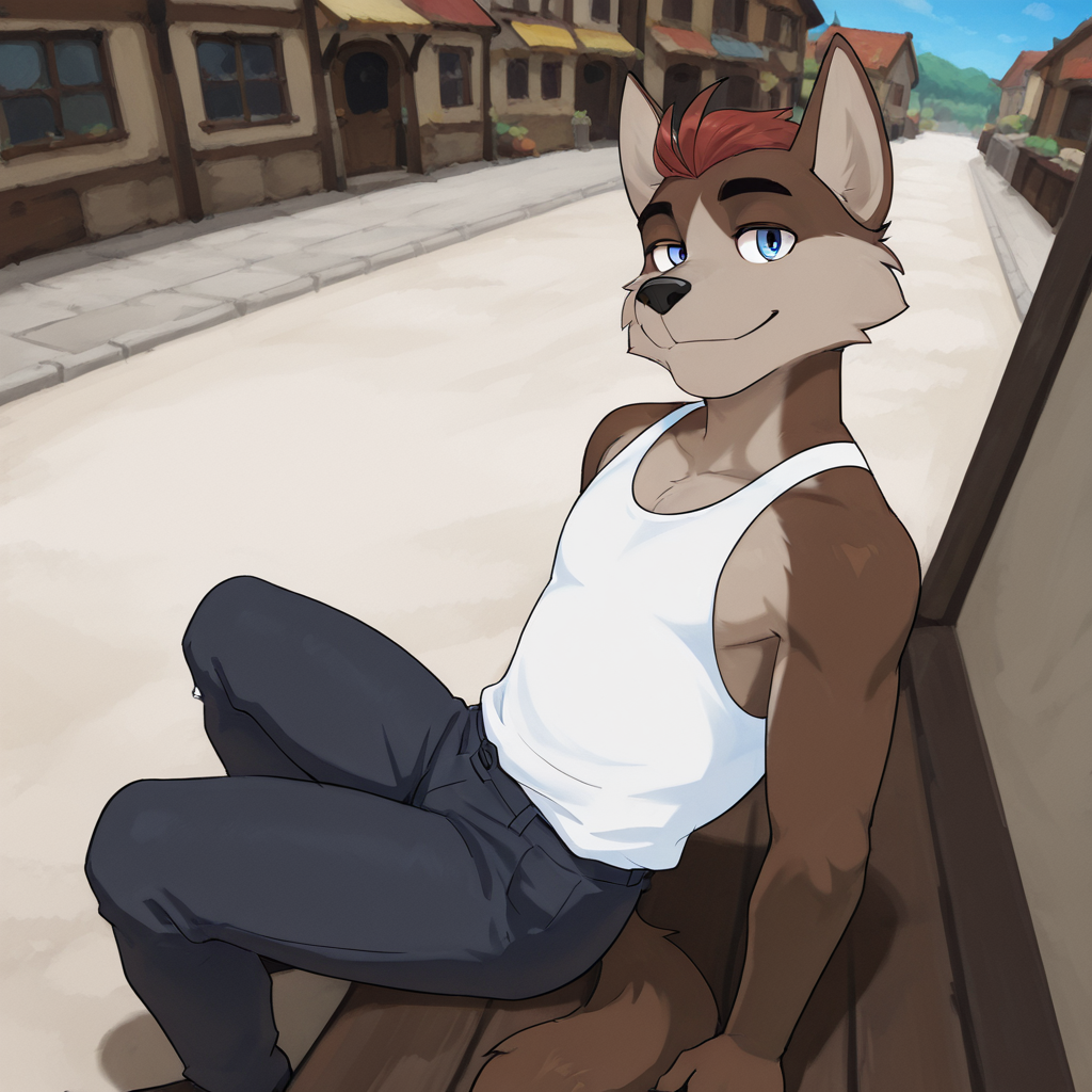 Furry, male, solo, wolf, wolf boy, red hair, blue eyes, smiling, sitting, white tank top, blue pants, medieval town, street, medieval town background, detailed background, looking at viewer, dynamic angle, dutch angle, dynamic pose, view from above, view from side, detailed eyes, nice eyes, masterpiece, best quality, amazing quality, very aesthetic, highres, absurdres, detailed background, davswolf, <lora:David_Mercy_v1_Illustrious-XL:1>