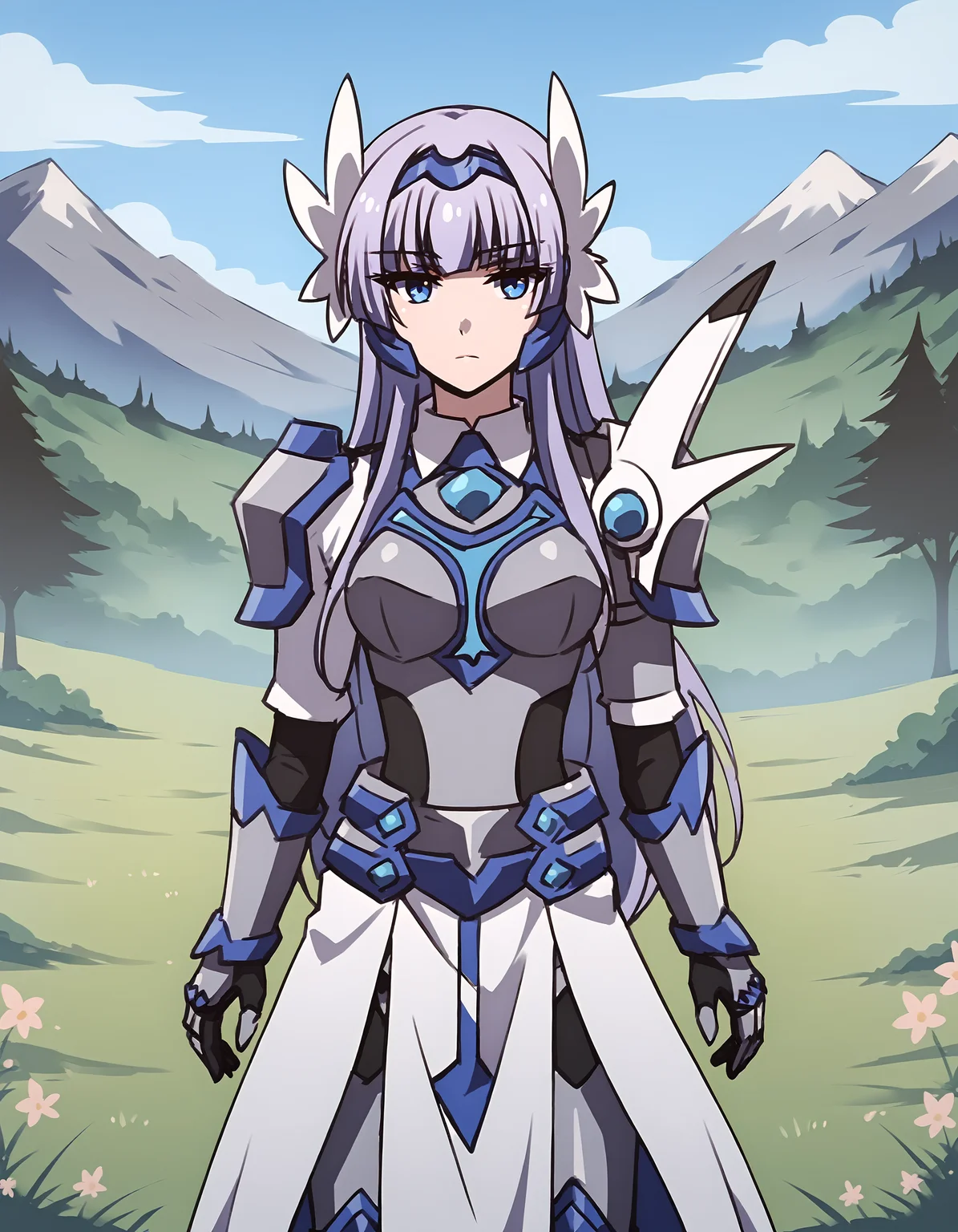 score_9, score_8_up, score_7_up, score_6_up, score_5_up, score_4_up, (melfina:1), light purple hair, blue eyes, expressionless BREAK armor, breastplate, asymmetrical pauldrons, white long skirt, white pelvis curtain, armored boots, headgear BREAK outdoors, mountain, day, sky, flower, mountainous horizon, blue sky, grass <lora:melfina-ponyxl-1-000008:0.9> <lora:Smooth Anime Style LoRA XL:1>