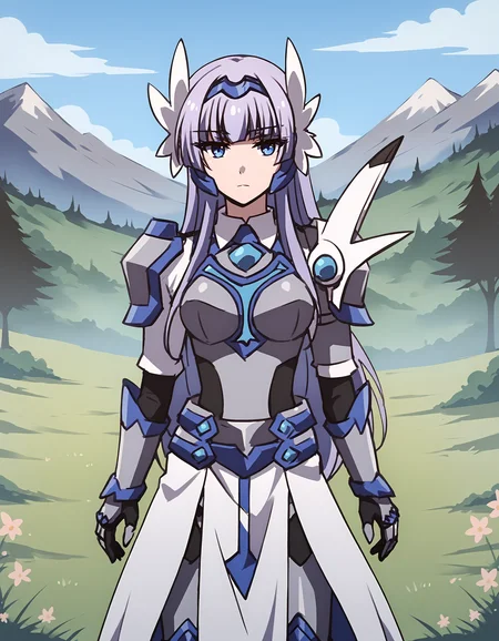score_9, score_8_up, score_7_up, score_6_up, score_5_up, score_4_up, (melfina:1), light purple hair, blue eyes, expressionless BREAK armor, breastplate, asymmetrical pauldrons, white long skirt, white pelvis curtain, armored boots, headgear BREAK outdoors, mountain, day, sky, flower, mountainous horizon, blue sky, grass <lora:melfina-ponyxl-1-000008:0.9> <lora:Smooth Anime Style LoRA XL:1>