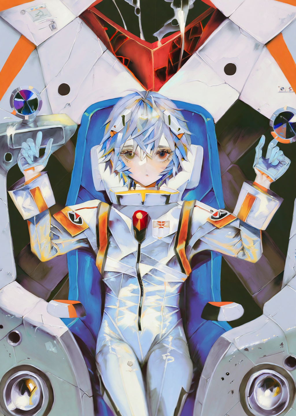 by yogisya, 
ayanami rei , white suite, piloting, 
red eyes, detailed face, 
  best quality, masterpiece,