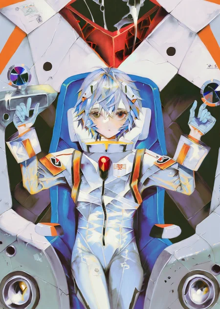 by yogisya, 
ayanami rei , white suite, piloting, 
red eyes, detailed face, 
  best quality, masterpiece,