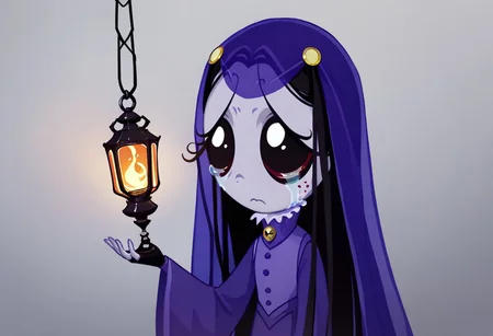 score_9, score_8_up, score_7_up BREA, MiseryRG, 1girl, black hair, black eyes, pale purple skin, tears trail, purple veil, yellow sunflower-shaped hairclips, white-collared purple buttoned dress, long purple sleeves, green spider neck cameo, wired shepherd crook with skull lantern, fingerless black gloves,