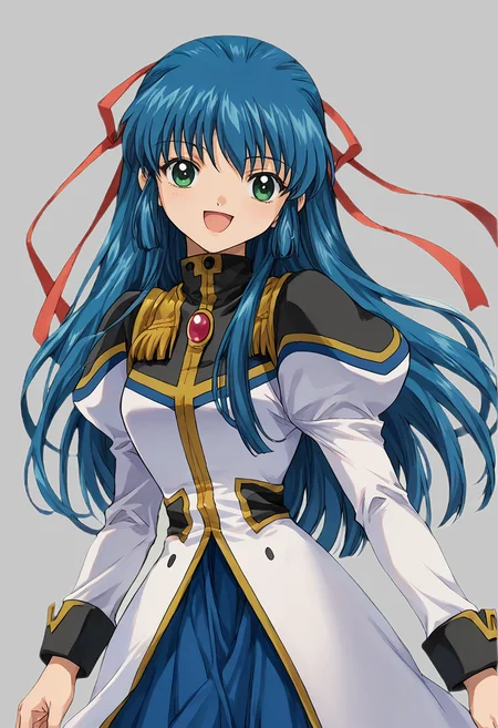 score_9, score_8_up, score_7_up, source_anime BREAK 1girl, solo, ga_chitose, (1990s\(style)\:0.3), cowboy shot, military uniform, puffy long sleeves, blue skirt, navy blue hair, bangs, long hair, hair ribbon, green eyes, looking at you, smile, open mouth, simple background <lora:ga_chitose:1> <lora:cnv3mdde878c738thn20:0.4>