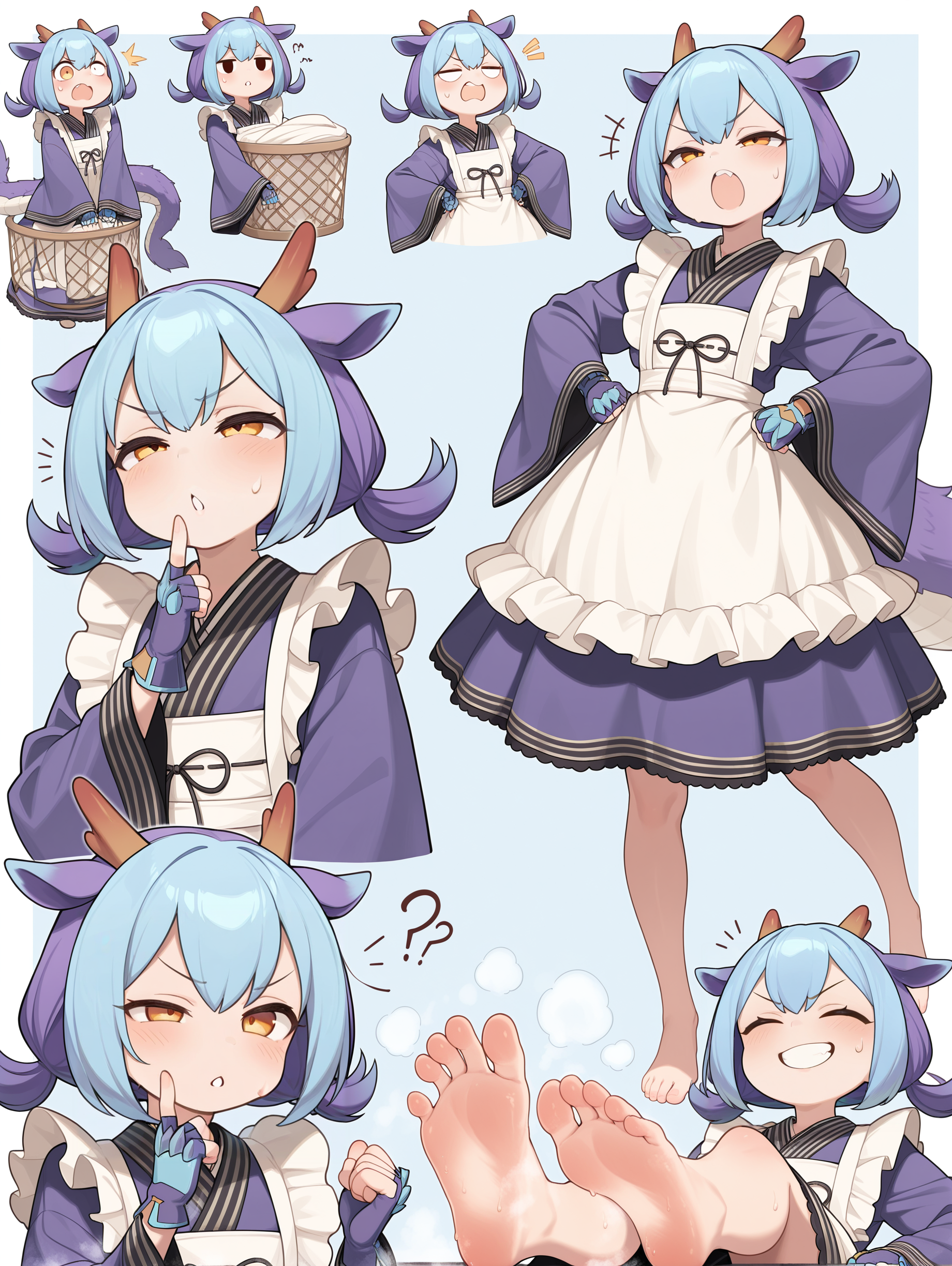 dragon girl,laundry dragonmaid,1girl,blue maid outfit,blue fingerless gloves,multiple views,blue background,v-shaped eyebrows,open mouth,??,^^^,clenched teeth,:o,evil smile,smug,o_o,half-closed eye,finger to mouth,clenched hand,:<,:),|_|,@_@,^_^,+_+,=_=,laundry basket,barefoot,soles,steaming feet,sweatdrop,
masterpiece,best quality,amazing quality,very aesthetic,apussbsurdres,newest,<lora:laundry dragonmaid & eldlich the golden lord illuXL v1:0.75>,