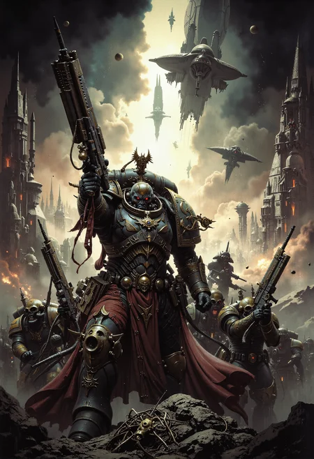 analog film photo . Frank Frazetta fantasy oil painting (art by Zdzislaw Beksinski:2), space marine squad, epic, holding guns, heroic, glorification, god rays, backlit, dropped from a hovering spacecraft grimdark, mythp0rt, FredFraiStyle <lora:- Flux1 - vanta_black_V1.0.safetensors:0.5>, <lora:FluxMythP0rtr4itStyle.safetensors:0.75>, <lora:FredFraiStyle-FLUX-Share.safetensors:0.75>, <lora:Warhammer_Rogue_Trader_Style_flux-000021.safetensors:0.5>, <lora:aiai-Glimra-Flux-Dev-v2.safetensors:0.5>, <lora:ARTifacts.safetensors:0.5>, <lora:Movie_Portrait.safetensors:0.5>, <lora:frazetta_flux_v2-000150.safetensors:0.5>, . faded film, desaturated, 35mm photo, grainy, vignette, vintage, Kodachrome, Lomography, stained, highly detailed, found footage