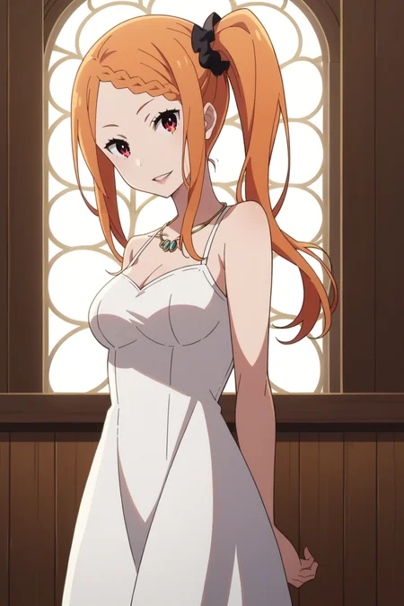 score_9, score_8_up, score_7_up, source_anime, 1girl, prefect lighting, very aesthetic, intricate details, highly detailed background, masterpiece, high quality, prefect hands, best quality, solo,
<lora:Priscilla_Barielle_ReZero_V1:.85>, KJOpriscilla, orange hair, red eyes, braided bangs, side ponytail,
White sundress, bare shoulders,
arms behind back, parted lips, head tilt, smile, parted lips,
room, wooden wall, wooden floor, window,
(Beautiful, medium Breasts:1.2), natural breasts,