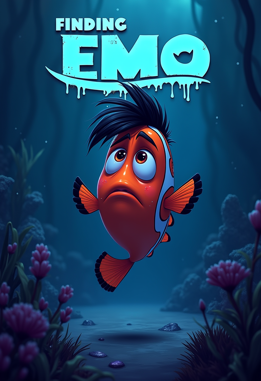 a digital illustration of a movie poster titled "Finding Emo", finding nemo parody poster, featuring a depressed cartoon clownfish with black emo hair, eyeliner, and piercings, bored expression, swimming in a dark underwater scene, in the background, movie title in a dripping, grungy font, moody blue and purple color palette