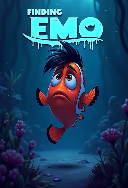a digital illustration of a movie poster titled "Finding Emo", finding nemo parody poster, featuring a depressed cartoon clownfish with black emo hair, eyeliner, and piercings, bored expression, swimming in a dark underwater scene, in the background, movie title in a dripping, grungy font, moody blue and purple color palette