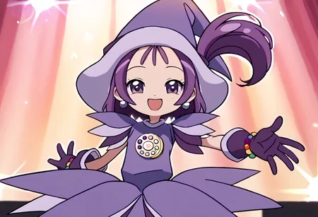 score_9, score_8_up, score_7_up BREAK Onpu2, 1girl, purple hair, bob cut, ponytail, purple eyes, purple pearl earrings, purple witch hat, dark purple hat band, layered short-sleeve purple dress, rainbow pearl circle chest badge, purple white gloves, purple white boots, rainbow pearl bracelet, happy, singing at music stage, singing at stage,