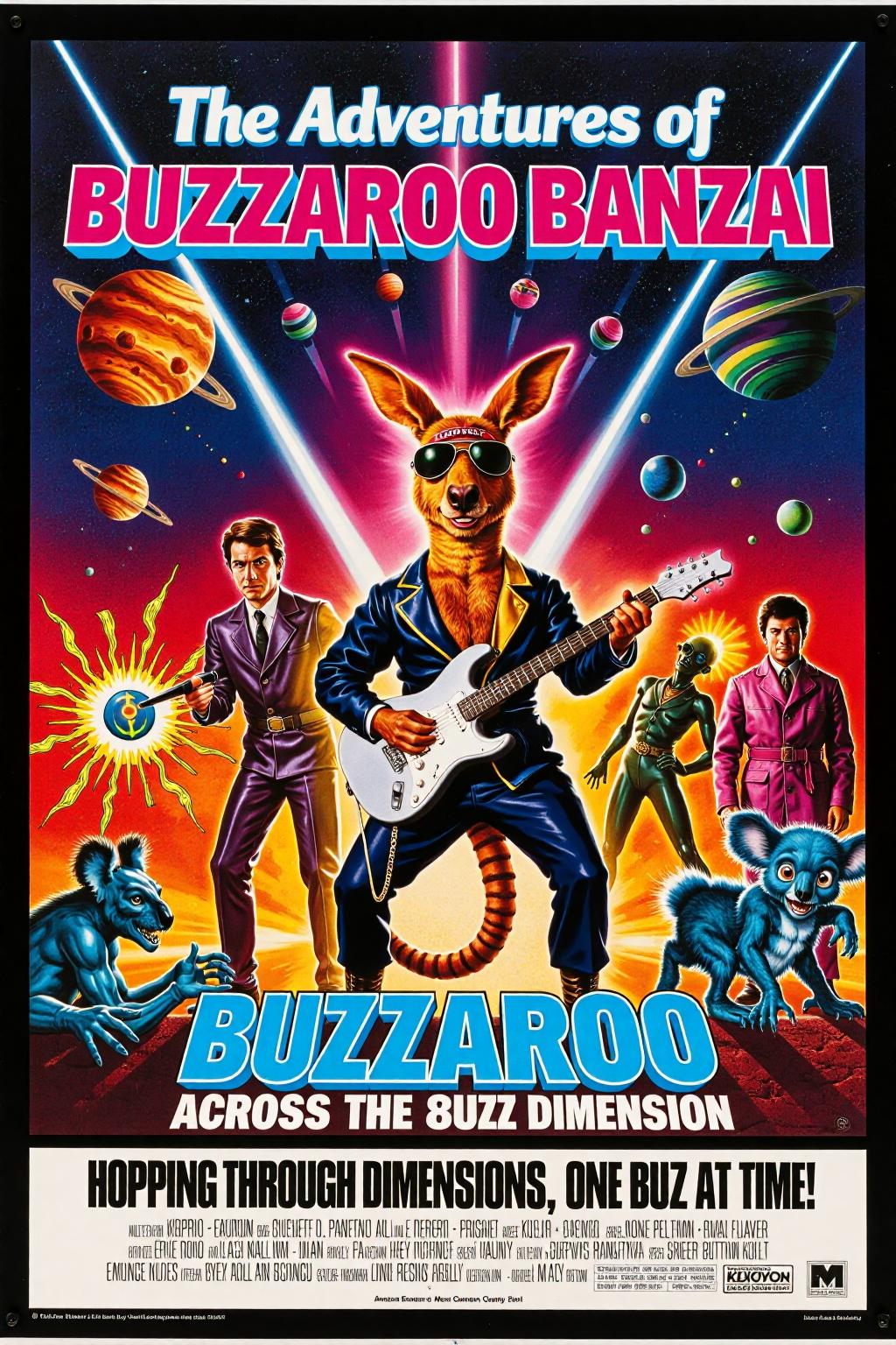 Vintage movie poster for "The Adventures of Buzzaroo Banzai Across the 8uzz Dimension". The central character, Buzzaroo Banzai, is a comically exaggerated humanoid kangaroo wearing a flashy 80s-style jumpsuit, aviator sunglasses, and a headband, holding a futuristic guitar-shaped weapon. Surrounding him are bizarre sci-fi elements: psychedelic portals, interdimensional laser beams, and wacky alien creatures. The background features a cosmic explosion of neon colors, with planets and starbursts scattered across the scene. Supporting characters include a robotic koala sidekick, a mad scientist with oversized goggles, and an alien villain with a cape and glowing tentacles. Bold retro typography highlights the movie title in electric blue and pink, with a tagline underneath reading: 'Hopping through dimensions, one buzz at a time!' <lora:Movie_Posters:0.7> <lora:schnell_v1.0:1.0><lora:797660798215259554:0>