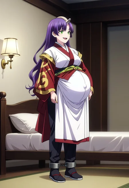 score_9, score_8_up, score_7_up, best quality, masterpiece, 4k, perfect lighting, very aesthetic, anime, anime coloring, official art, anime screencap,
OverallDetail, fFaceDetai,
bedroom, happy, smile, huge pregnant belly,  indoors,bed,
 <lora:Chained_Soldier:1>, Shikoku, black and purple hair, snake hair, 1girl, solo girl, full body,