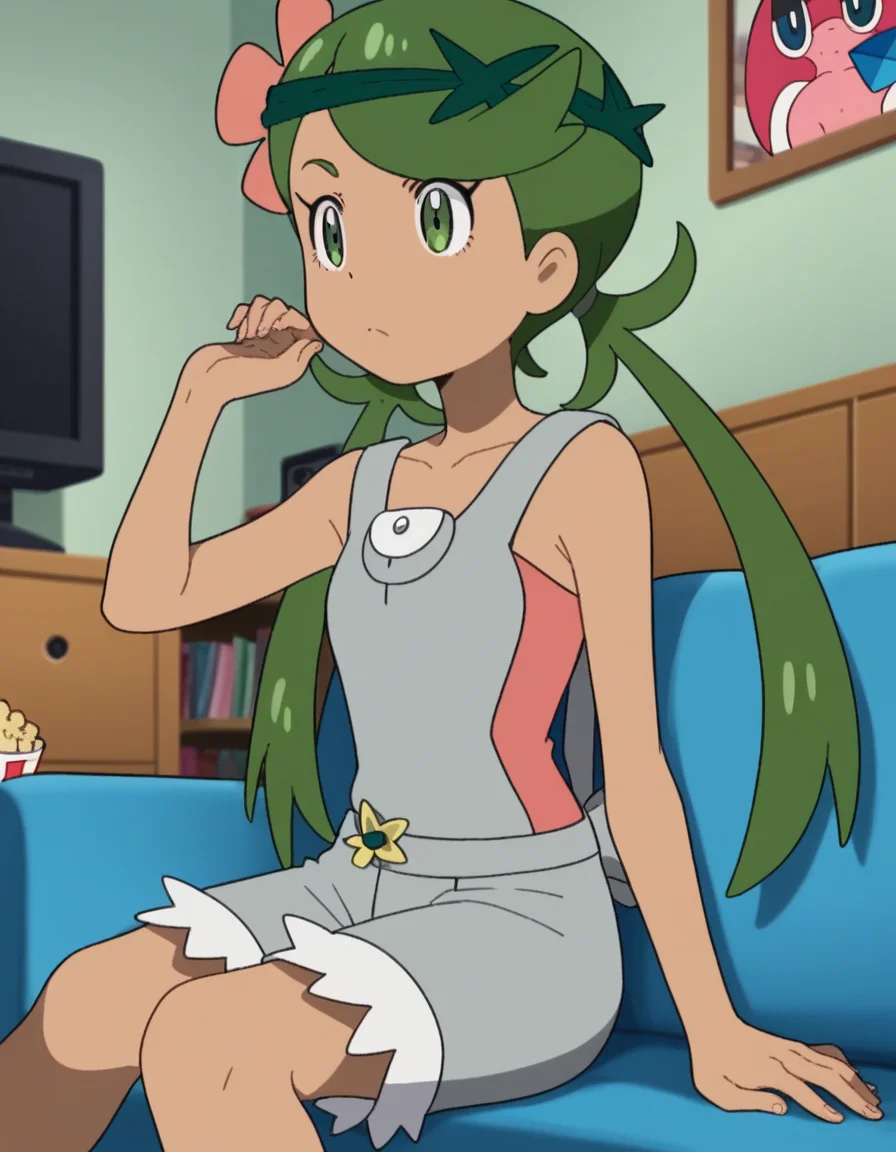 score_9, score_8_up, score_7_up, source_anime, <lora:pokemon-mallow-anime-ponyxl-lora-nochekaiser:1>, mallow, long hair, bangs, hair ornament, twintails, green eyes, flower, green hair, hair flower, dark skin, dark-skinned female, swept bangs, mallow (pokemon), collarbone, sleeveless, pink shirt, overalls,, living room, television, couch, popcorn, watching movie, night time, sitting,, , , arm out, knee up, hand open, solo,, cowboy shot, dutch angle