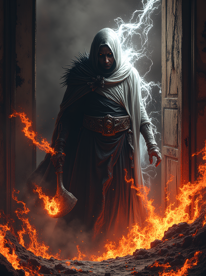 newfantasycore. 
A decrepit asylum lies at the edge of a scorched wasteland, where ash fills the air and the sky smolders. This place is ruled by a twisted fire-witch who traps souls consumed by madness. The walls burn without heat, and strange sigils shift across the floors. The witch, a living pyre, wears the suffering of her prisoners as armor.

From the asylum’s darkest depths, a Night of the Death emerges—half its body cloaked in black shadows, the other in blinding white light that radiates an unnatural cold. It wields a colossal battle axe, one side burning with flame, the other frosted with deadly ice. This entity, neither alive nor dead, brings both fiery destruction and freezing death, an unstoppable force haunting the asylum.