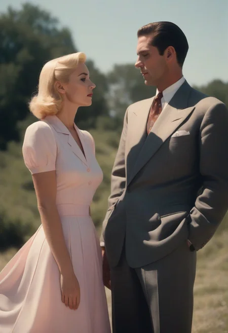A couple , broken romance,  upper body, hud_40s_lv, pastel color, 1girl, blonde hair, 1boy, closed eyes, suit, dress, film grain, cinematic, <lora:1940s_RS15:1>, outdoors, looking at another retro