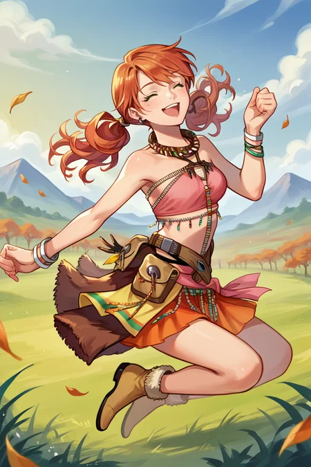 score_9, score_8_up, score_7_up, source_anime BREAK 1girl, solo, <lora:vanille-pdxl-nvwls-v1:1> vanille, twintails, green eyes, tribal jewelry, earring, necklace, bracelet, beads, pink crop top, belt, sarong, closed eyes, happy, jumping, fur-trimmed boots, field, autumn