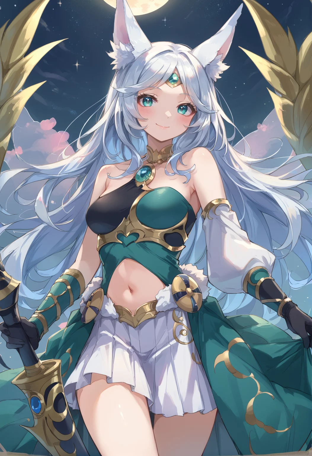(score_9:0.9),score_8_up,score_7_up,rating_safe,anime style,(zPDXL),<lora:Apollousa, Bow of the Goddess ponyXL v1:0.73>,apollousa bow of the goddess,1girl,solo,bow \(weapon\),smile,holding bow \(weapon\),simple background,black elbow gloves,blush,looking at viewer,medium breasts,green dress,at night,leak,closed mouth,white hair,forehead jewel circlet,
