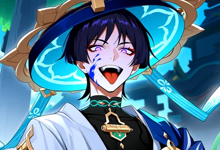 very awa, masterpiece, best quality, year 2024, newest, highres, absurdres, <lora:age_slider_v4:3> <lora:thicc_v1.4-pony:1.2>,detailed_background,outdoors,blunt ends,blue blood,blood on face,highres,genshin impact,glowing markings,eyeshadow,blood,parted bangs,theoeyyy,pink eyes,1boy,tongue,red eyeliner,japanese clothes,eyeliner,red eyeshadow,open mouth,scaramouche \(genshin impact\),wanderer \(genshin impact\),upper teeth only,teeth,bodysuit,black bodysuit,male focus,tongue out,turtleneck,turtleneck bodysuit,three quarter view,black hair,cape,solo,blue cape,kimono,portrait,makeup,looking at viewer,black mouth,white kimono