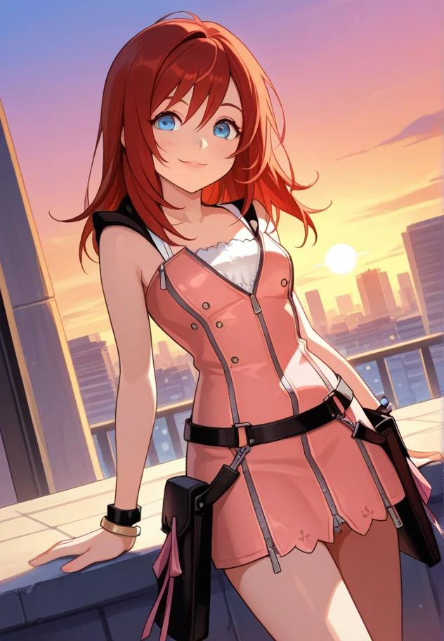 masterpiece, best quality, amazing quality, very aesthetic, absurdres, newest, detailed background, cowboy shot, outdoors, city, sunset, sky, dynamic angle, perfect eyes, beautiful eyes,
kairikh, 1girl, solo, red hair, dress, zipper, jewelry, bracelet, blue eyes, belt, smile, full body, pink dress, boots, looking at viewer
<lora:Kairi_-_Kingdom_Hearts_1-2_Illustrious:1>
