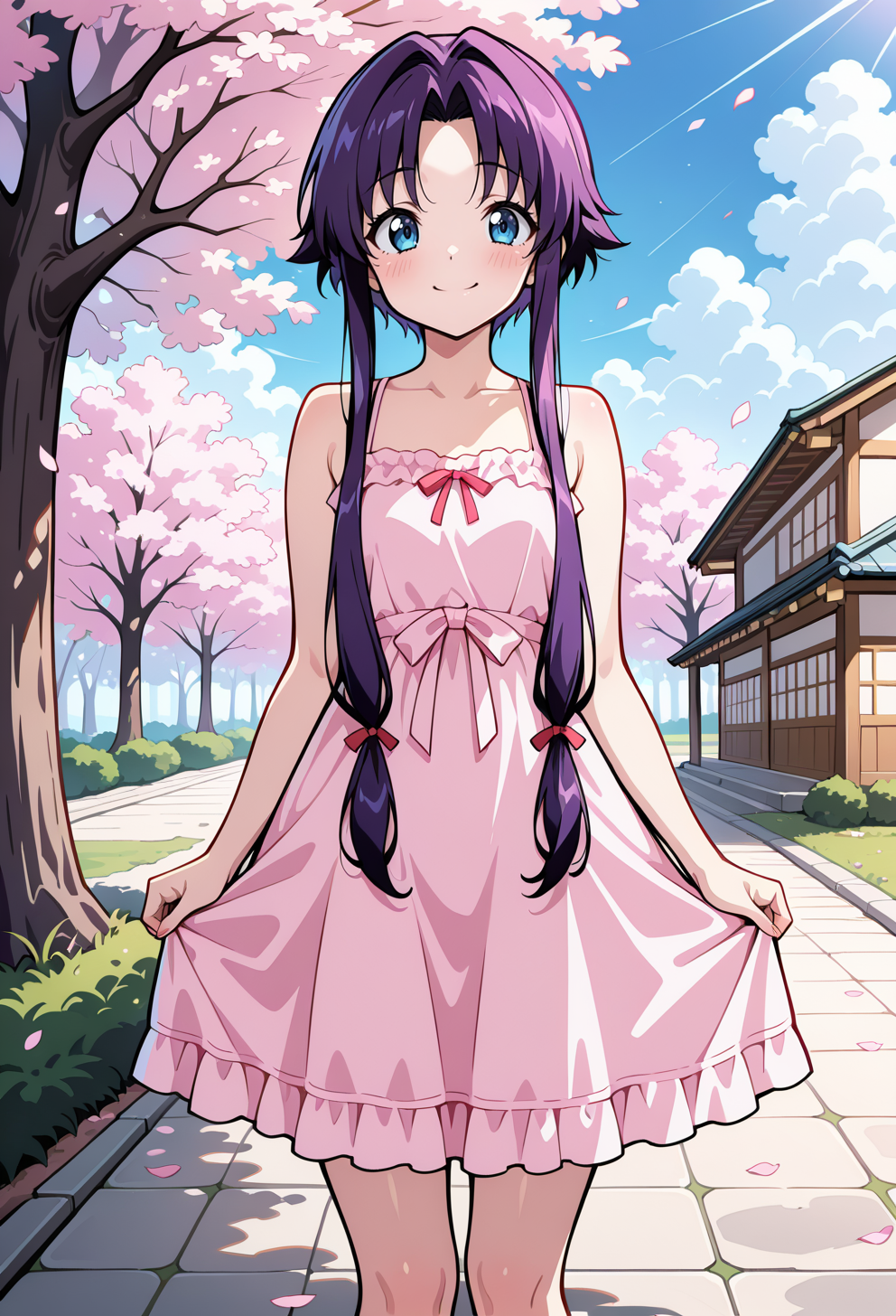 masterpiece, best quality, high quality, anime, amazing quality, very aesthetic, absurdres, highres, newest, HDR, 8K, high detail RAW color art, intricate details, detailed background,
<lora:AECherryIlx:0.9>
AECherry, blue eyes, purple hair, long hair, low-tied long hair, short hair with long locks, pink sundress, frilled dress, smile, cherry blossoms,
