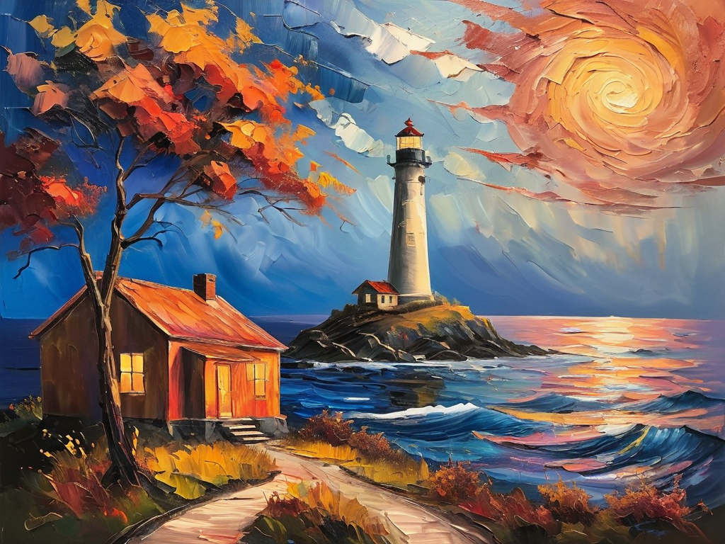 masterpiece,best quality,<lora:tbh123-sdxl:0.5>,Impressionism fine art impasto on canvas. Blissful sunset hues. (((Warm tones,Warm hues))). A cabin by the ocean. A lighthouse on the bluff. Paths leading away. airbrush painting. Atmospheric,moody,rustic.,oil painting,