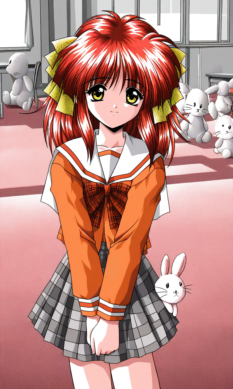general,highres, ultra-detailed,very aesthetic,best quality ,best hands, BREAK <lora:Kisaragi_Hina_Akumu_AoiKajitsunoSange_IS:1>
Kisaragi_Hina, 1girl, solo, red hair,  medium hair, yellow eyes, hair ribbon, small breasts,
rabbit, stuffed toy, 
light smile, orange school uniform, ribbon, white+gray skirt, outdoors, v arms, check skirt, plaid bow, long sleeves, serafuku, School, class room, curtain.
