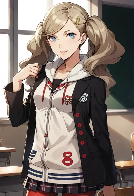 score_9, score_8_up, score_7_up, (source_anime), 1 girl, solo, nsfw, cute face,
p5ann, twintails, long hair, takamaki anne, blonde hair, hairclip,
skirt, school uniform, jacket, open clothes, hairclip, hood, miniskirt, sweater, open jacket, black jacket, hoodie,hood down, white sweater, red pantyhose, hooded cardigan, shuujin academy school uniform,
standing, classroom, looking at viewer, smile,
masterpiece, best quality, ultra detailed, absurdres, very aesthetic