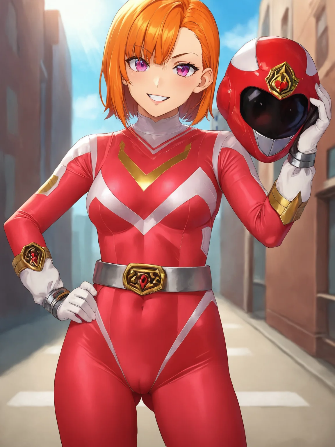 score_9, score_8_up, score_7_up, BREAK,
1girl, solo, BREAK,
sentaisaintforce, red bodysuit, silver belt, white gloves, (spandex:1.5), wing-shaped chest symbol, medium breasts, helmet removed, no headwear, <lora:Saint_Force:1>, BREAK,
(orange hair:1.2), (medium hair:1.3), (asymmetrical bangs:1.2), pink eyes, BREAK,
helmet, unworn helmet, holding helmet, red helmet, BREAK,
smug, smile, looking at viewer, BREAK,
cowboy shot, ass visible through thighs, BREAK,
outdoors, city, street, blue sky, day