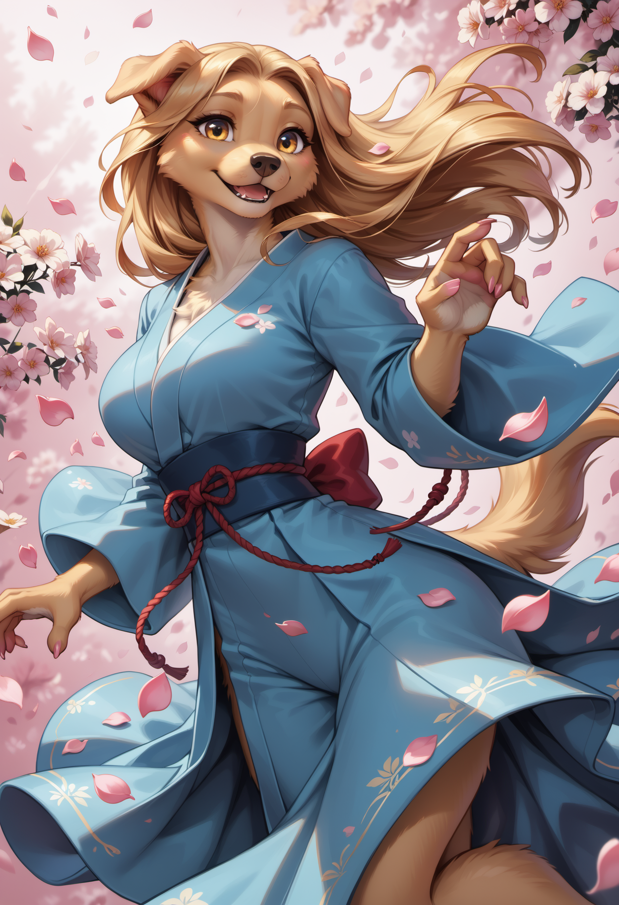 score_9, score_8_up, score_7_up, source_furry, highres, high quality, perfection, masterpiece, detailed, aesthetic,
simple pink background, abstract background, (petals:1.5), (falling petals:1.2), (petals focus:1.2),
1girl, solo, (dynamic angle:1.2), portrait,
furry female, (anthro golden_retriever girl :1.2), beautiful girl, cute girl, adult, large breasts, blonde hair, long hair, beautiful face, detailed face, perfect eyes, detailed eyes, yellow eyes,
oversized clothes, classic japanese clothes, blue kimono, flower print,
(dynamic pose:1.2), motion blur, dancing, jumping, smile, happy,