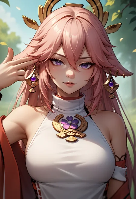 score_9, score_8_up, score_7_up, source_anime, 1girl, finger gun to head, <lora:FingergunToHead_XLPD:1>, yae miko, upper body,